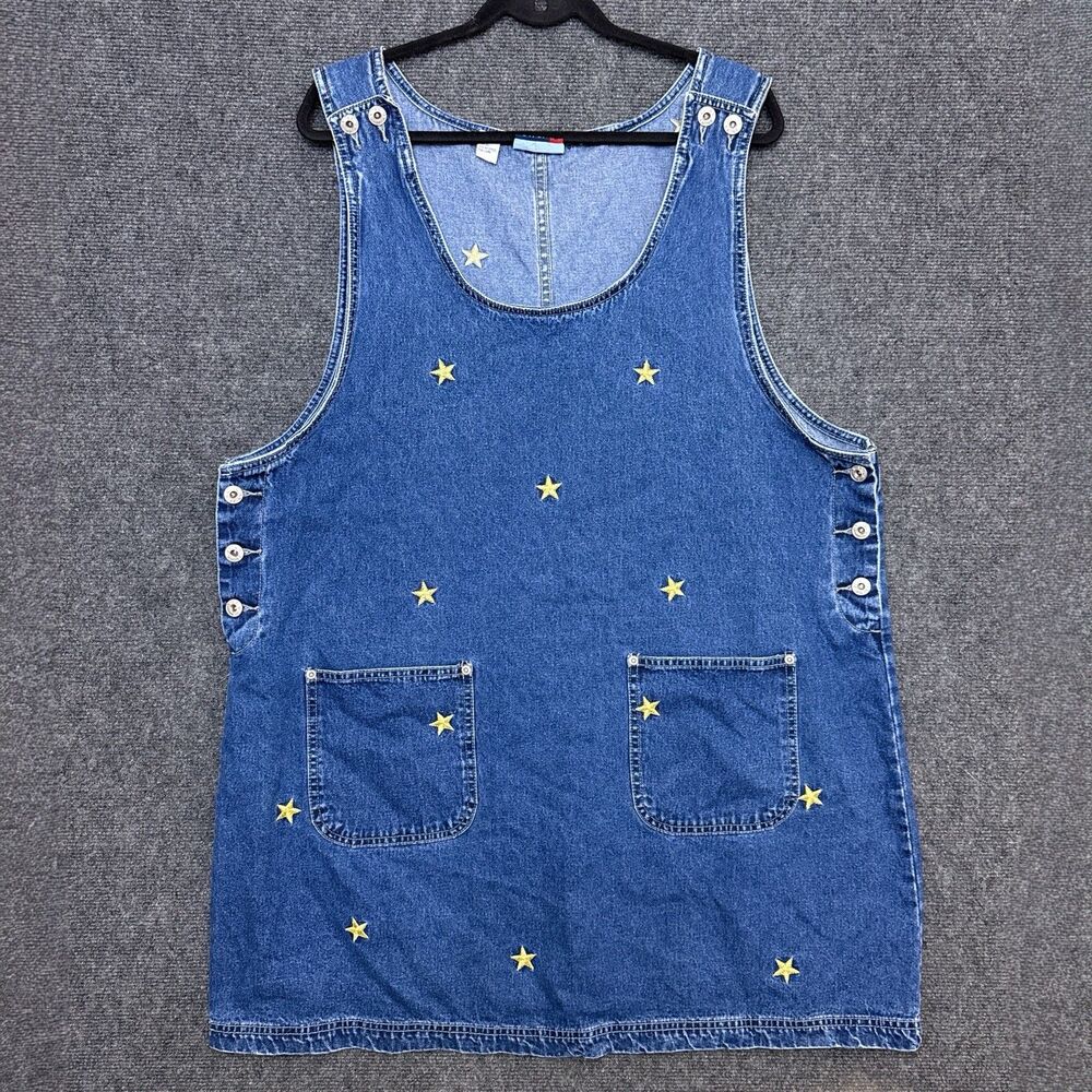 VTG JLNY Sport Denim Jumper Dress Embroidered Gold Stars Pockets Womens XL